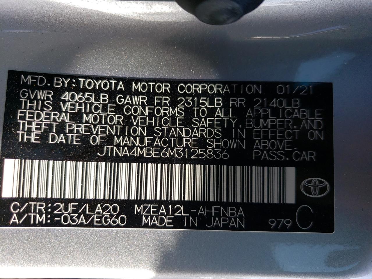 JTNA4MBE6M3125836 2021 Toyota Corolla Xse