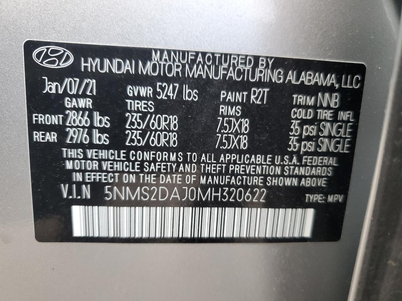 5NMS2DAJ0MH320622 2021 Hyundai Santa Fe Sel