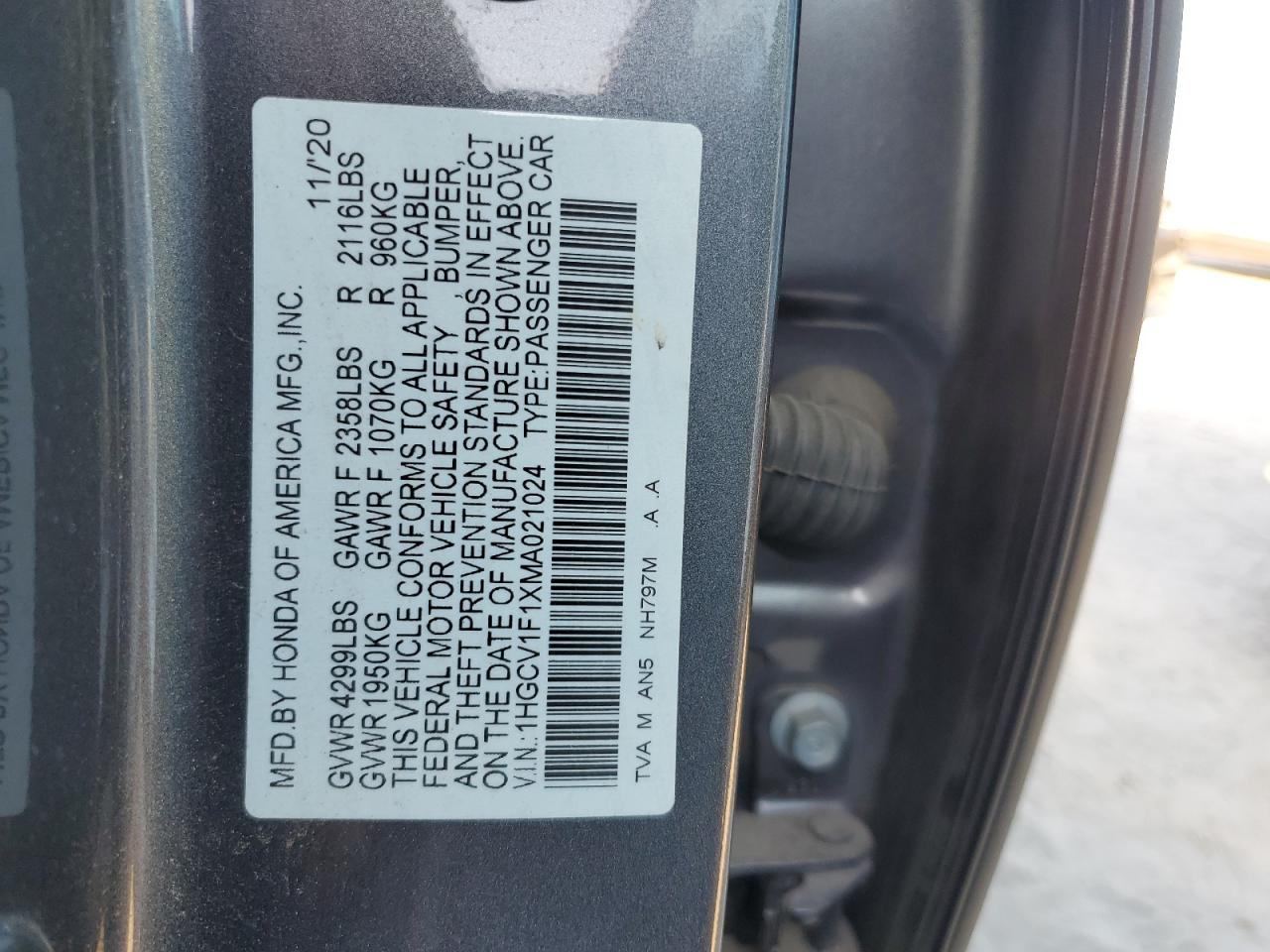 1HGCV1F1XMA021024 2021 Honda Accord Lx