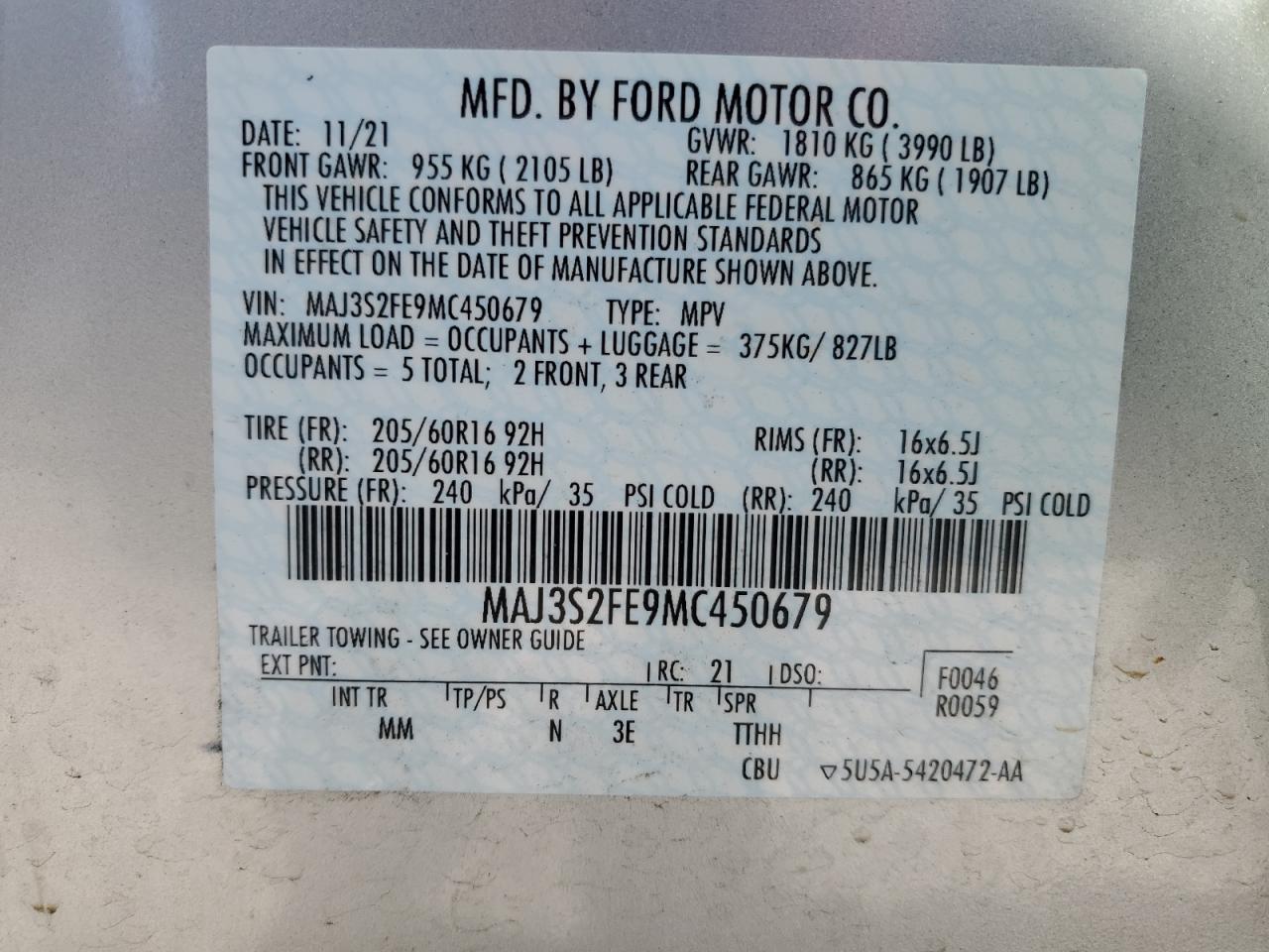 2021 Ford Ecosport S VIN: MAJ3S2FE9MC450679 Lot: 75855994