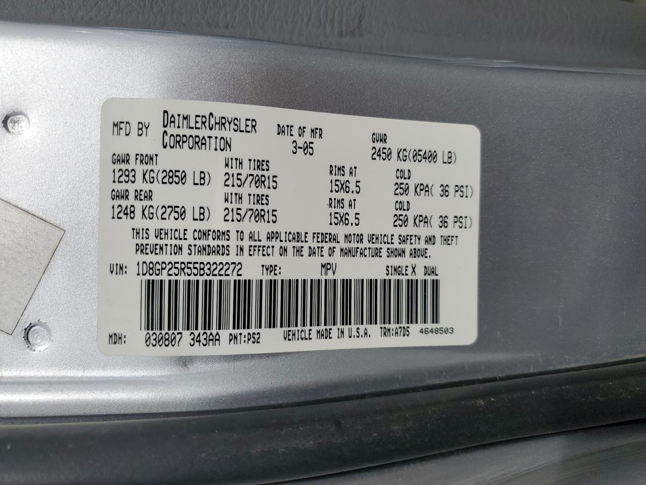 1D8GP25R55B322272 2005 Dodge Caravan Se