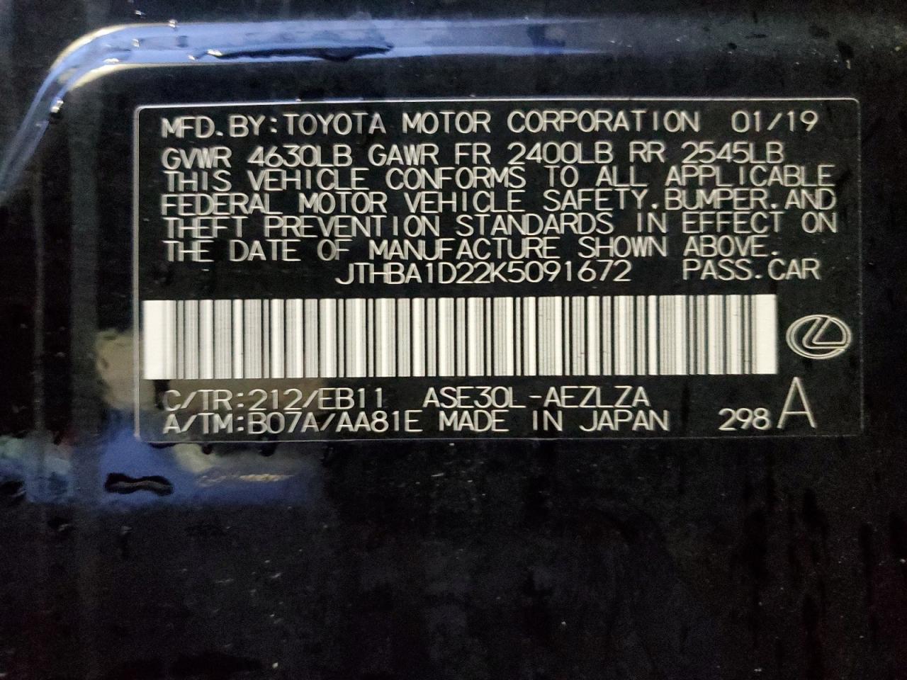 JTHBA1D22K5091672 2019 Lexus Is 300