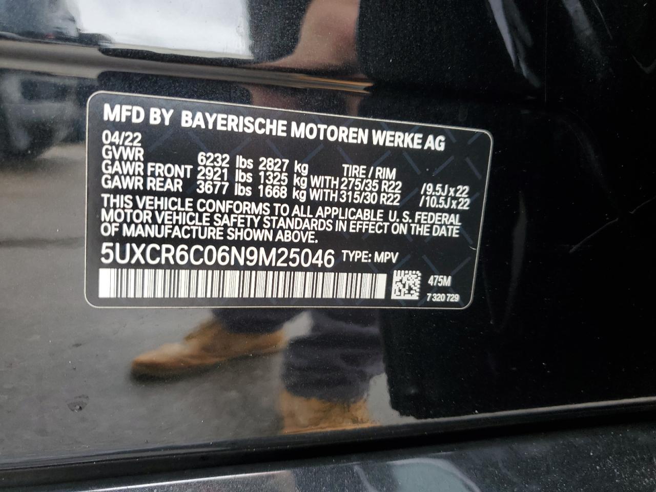 2022 BMW X5 xDrive40I VIN: 5UXCR6C06N9M25046 Lot: 73844304