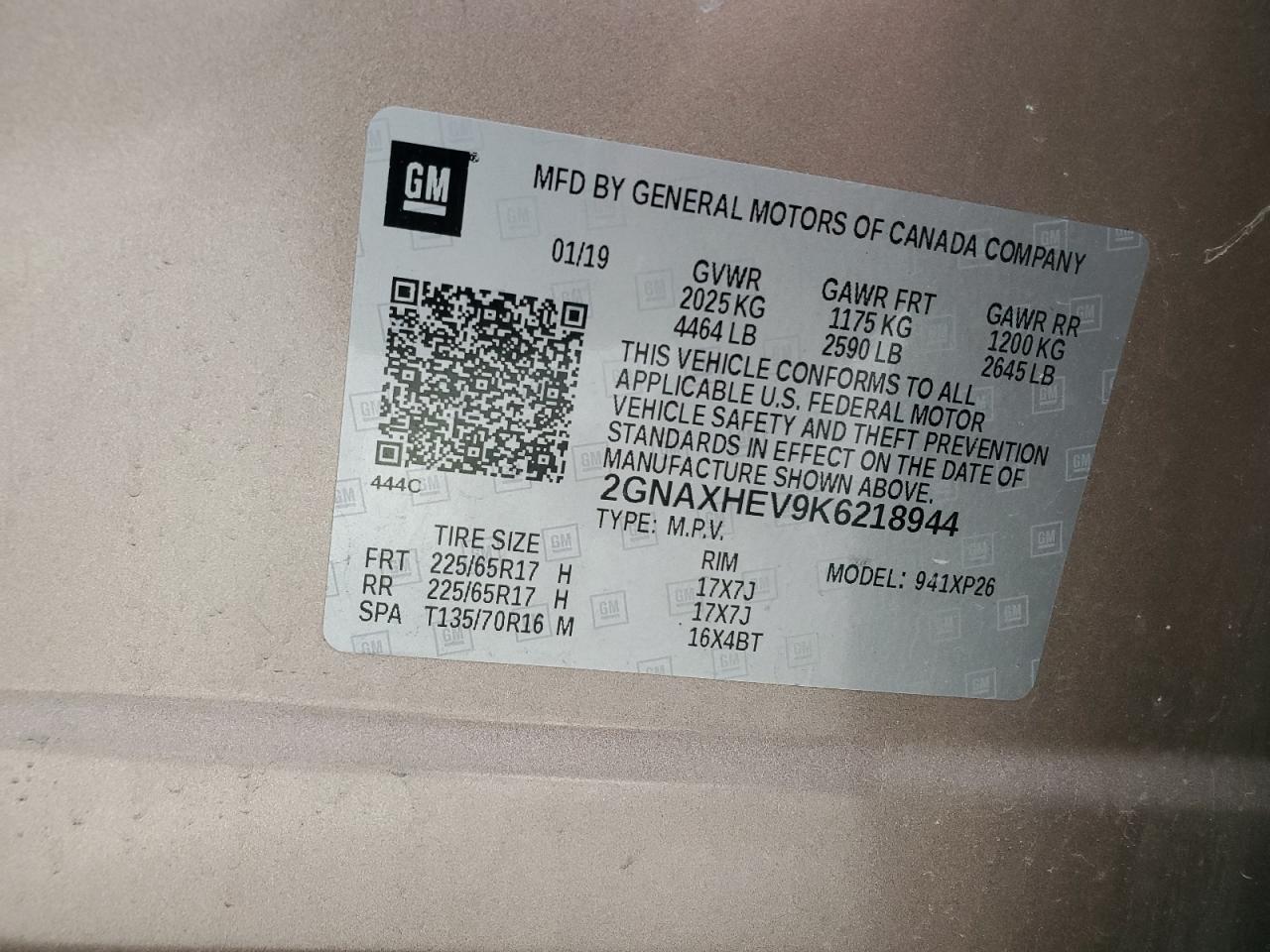 2019 Chevrolet Equinox Ls VIN: 2GNAXHEV9K6218944 Lot: 75413984