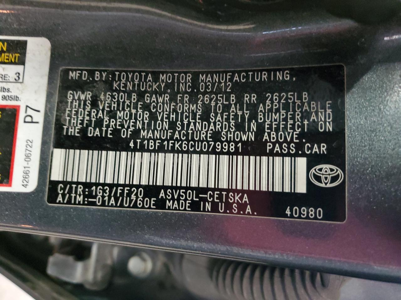 4T1BF1FK6CU079981 2012 Toyota Camry Base