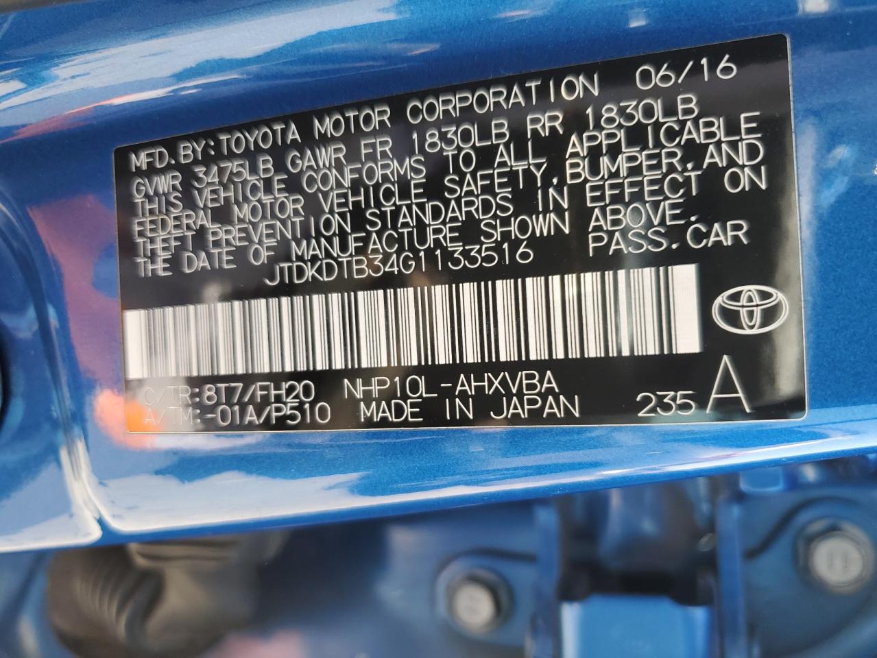 JTDKDTB34G1133516 2016 Toyota Prius C