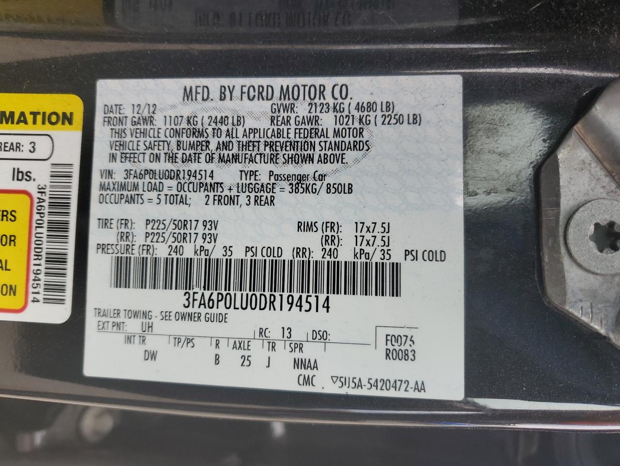 VIN 3FA6P0LU0DR194514 2013 FORD FUSION no.12