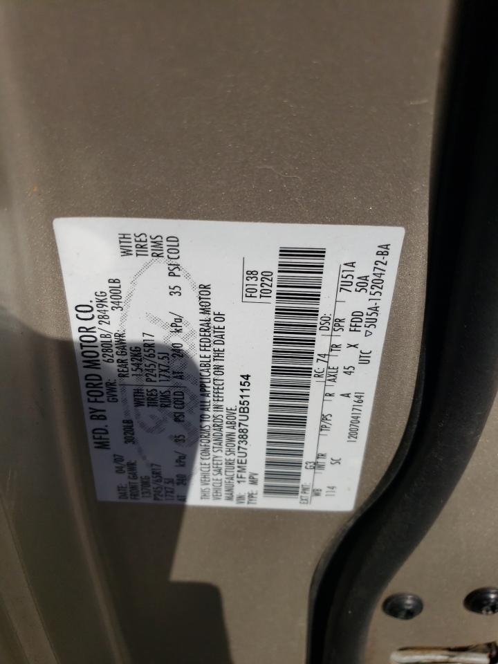 2007 Ford Explorer Xlt VIN: 1FMEU73887UB51154 Lot: 76974224