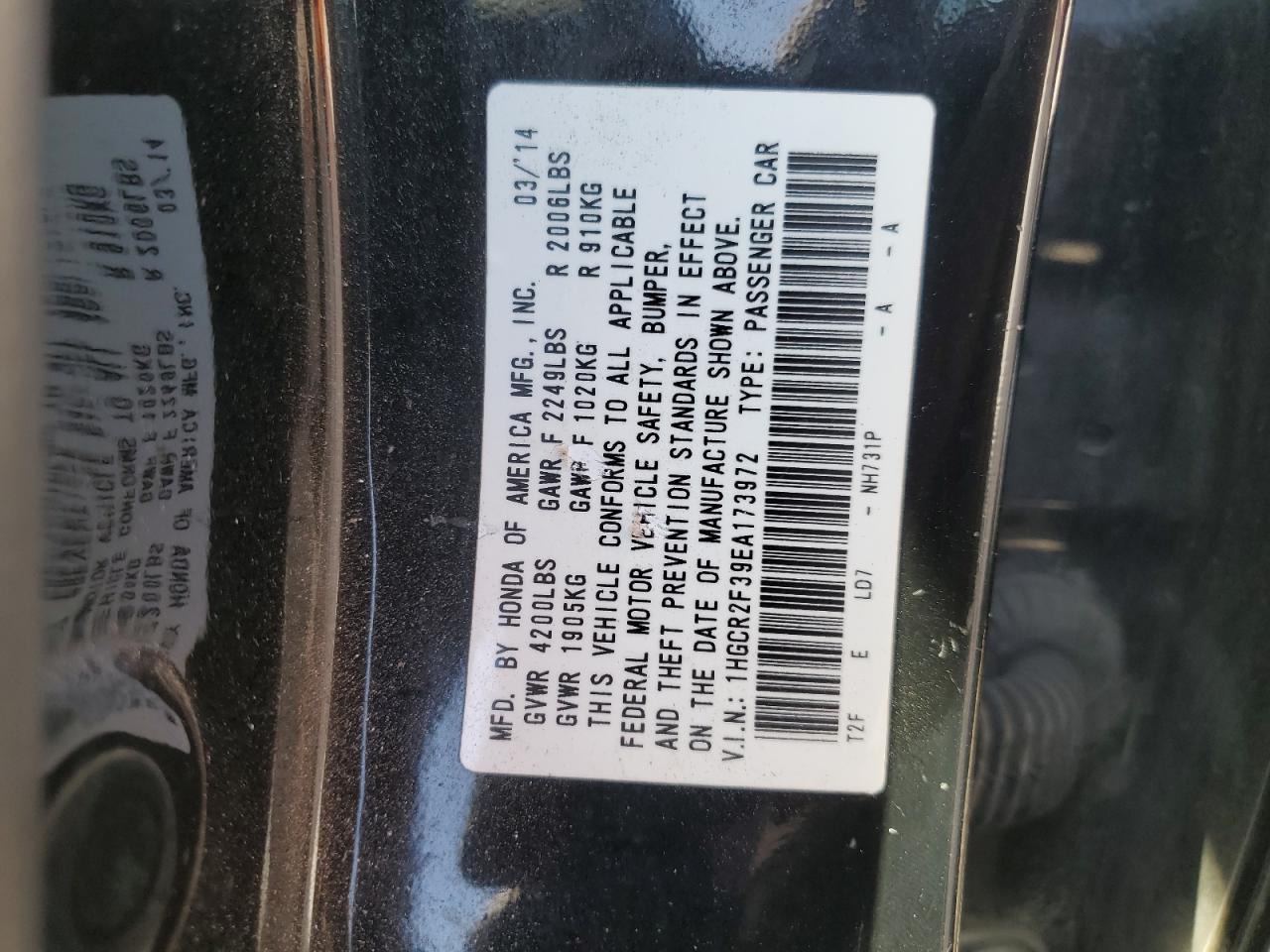 1HGCR2F39EA173972 2014 Honda Accord Lx