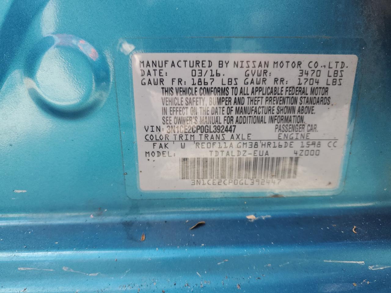 3N1CE2CP0GL392447 2016 Nissan Versa Note S