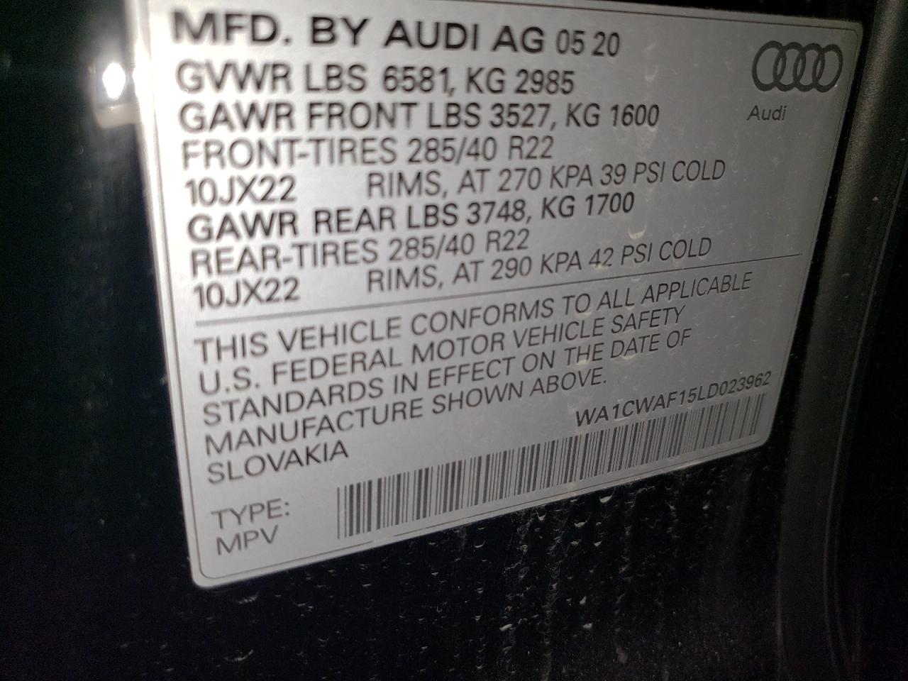 WA1CWAF15LD023962 2020 Audi Sq8 Prestige