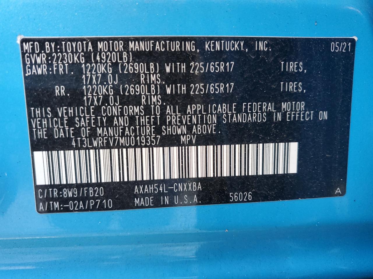 2021 Toyota Rav4 Le VIN: 4T3LWRFV7MU019357 Lot: 75305944