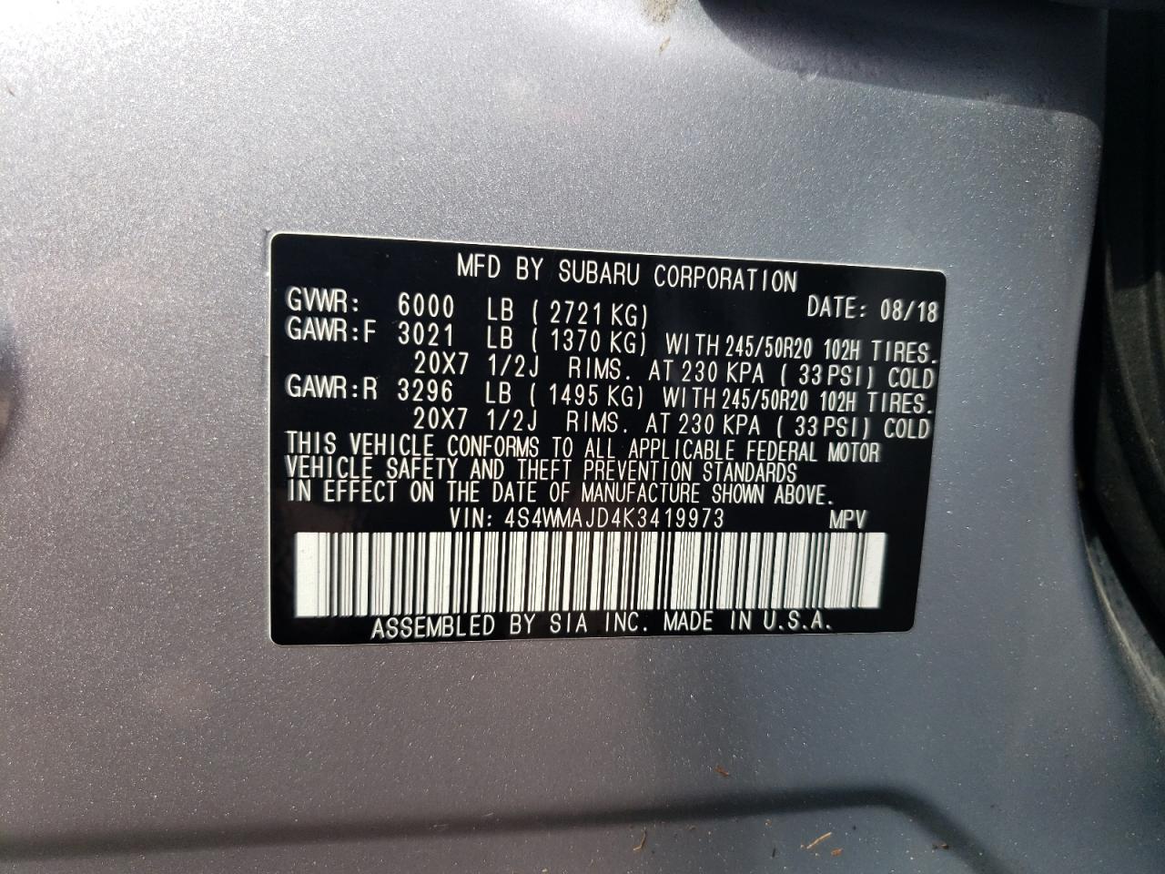 4S4WMAJD4K3419973 2019 Subaru Ascent Limited