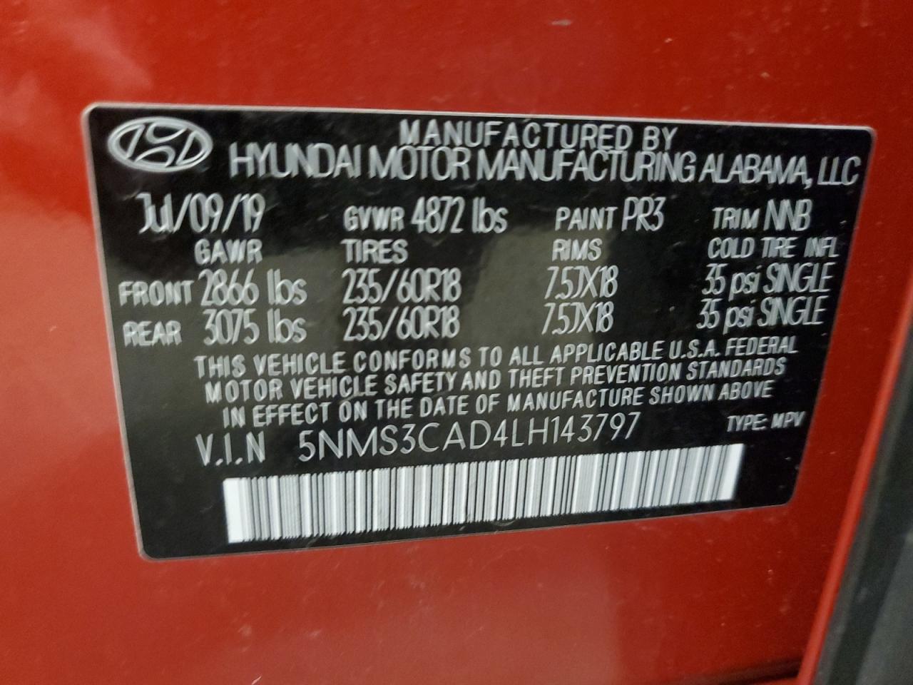 5NMS3CAD4LH143797 2020 Hyundai Santa Fe Sel