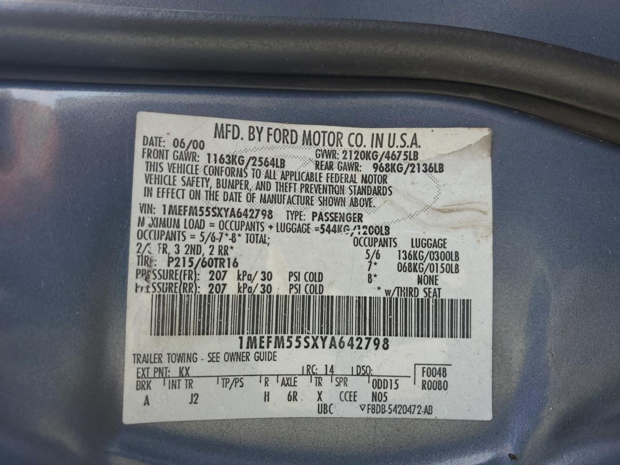 2000 Mercury Sable Ls Premium VIN: 1MEFM55SXYA642798 Lot: 75616134