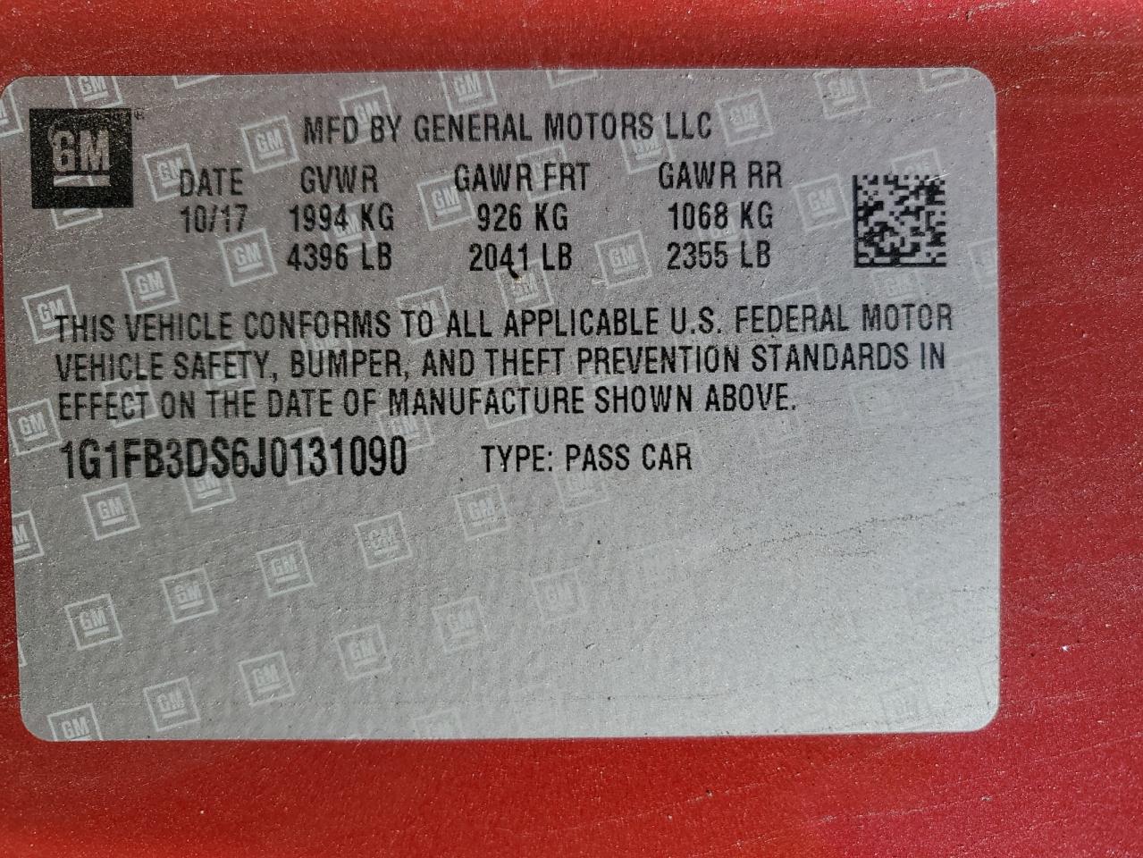 1G1FB3DS6J0131090 2018 Chevrolet Camaro Lt