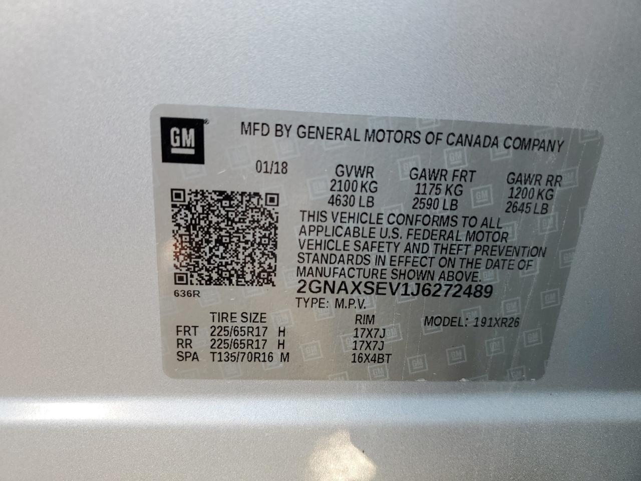 2GNAXSEV1J6272489 2018 Chevrolet Equinox Lt