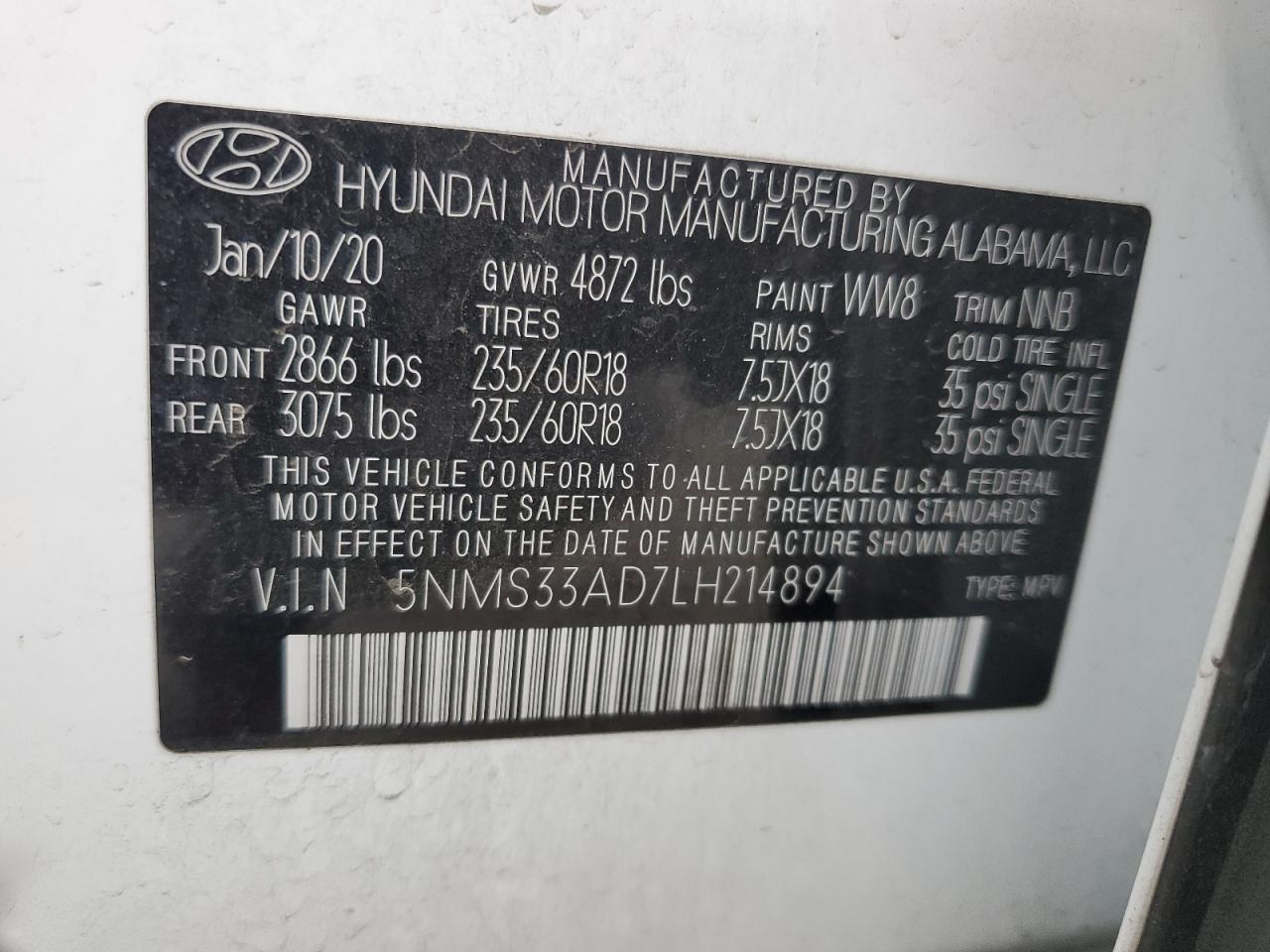 VIN 5NMS33AD7LH214894 2020 HYUNDAI SANTA FE no.13