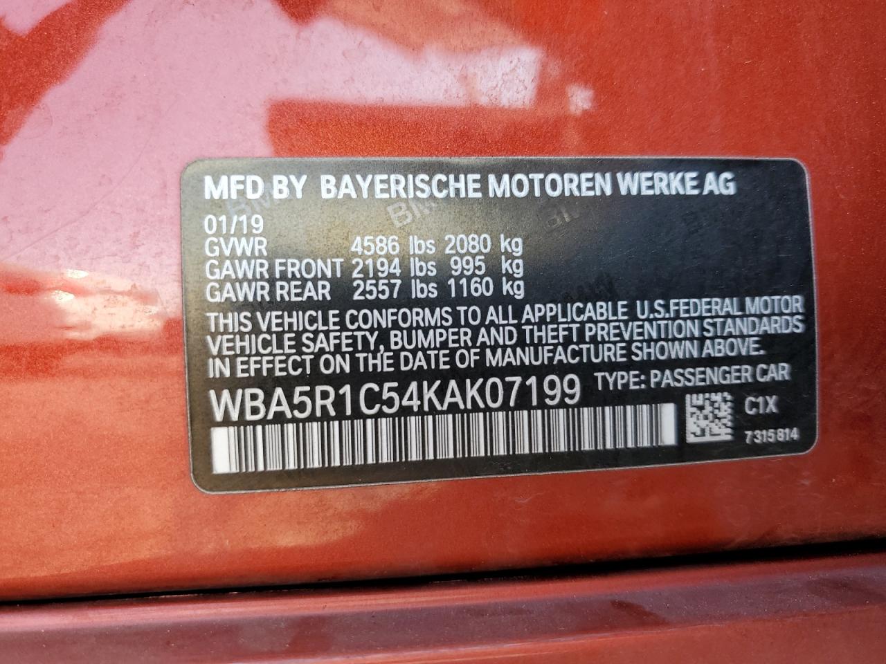 WBA5R1C54KAK07199 2019 BMW 330I