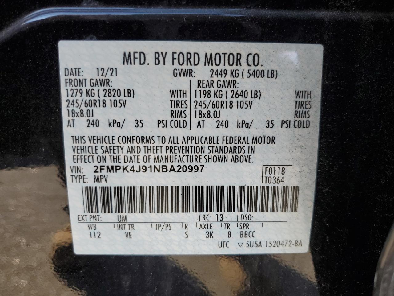 2022 Ford Edge Sel VIN: 2FMPK4J91NBA20997 Lot: 76957964