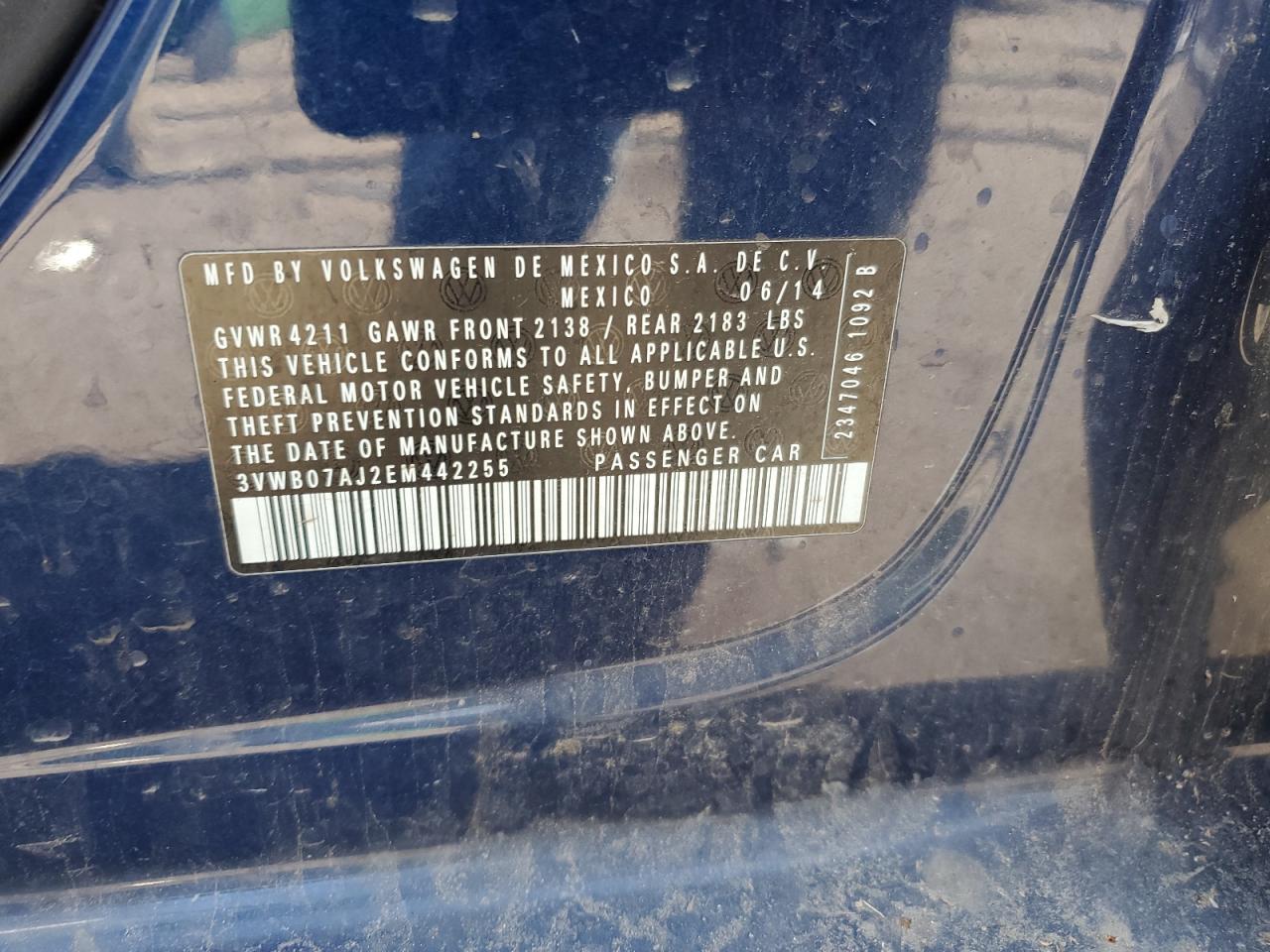 2014 Volkswagen Jetta Se VIN: 3VWB07AJ2EM442255 Lot: 75637454