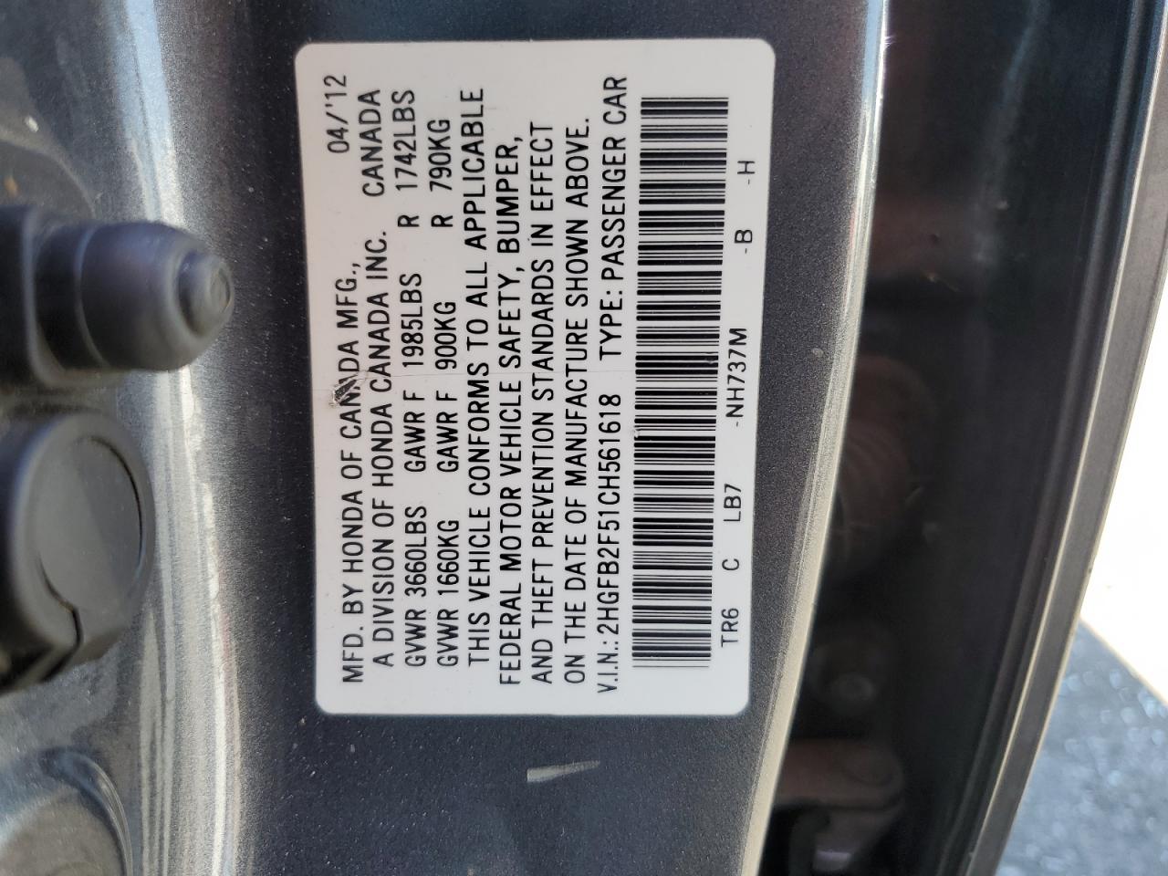 2HGFB2F51CH561618 2012 Honda Civic Lx