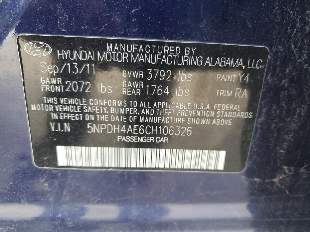 5NPDH4AE6CH106326 2012 Hyundai Elantra Gls