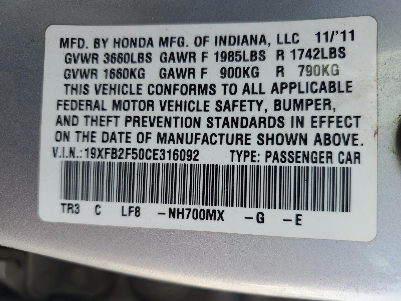 2012 Honda Civic Lx VIN: 19XFB2F50CE316092 Lot: 73835434