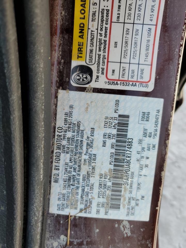 2012 Ford Fusion Sel VIN: 3FAHP0JA8CR174883 Lot: 76356974