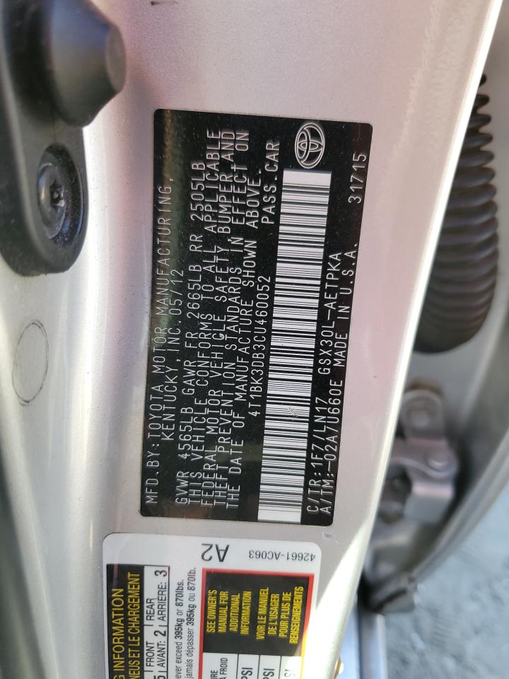 4T1BK3DB3CU460052 2012 Toyota Avalon Base