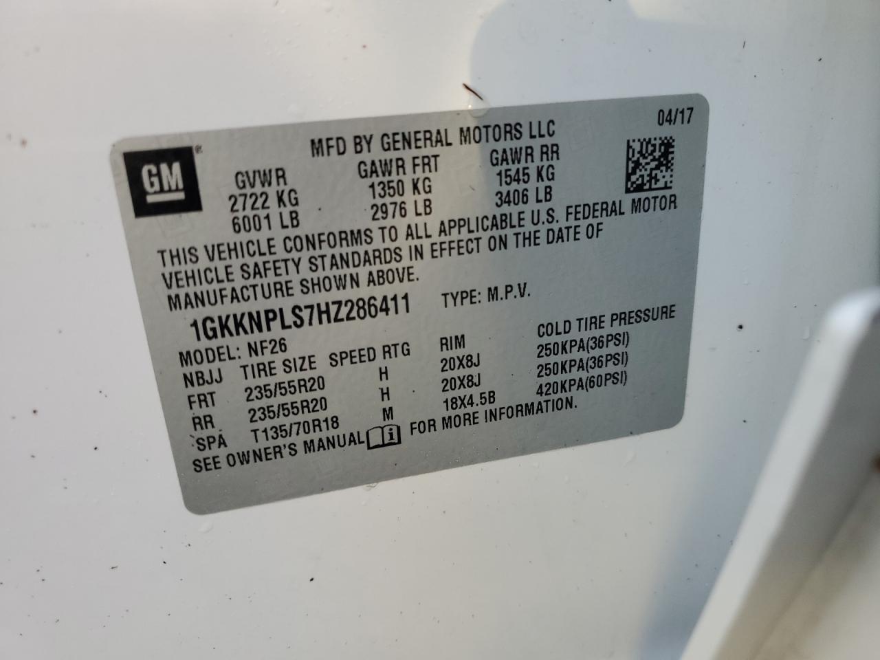 1GKKNPLS7HZ286411 2017 GMC Acadia Denali