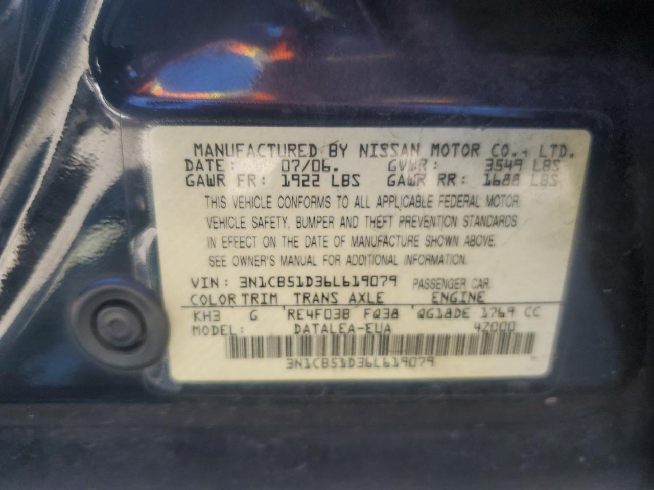 3N1CB51D36L619079 2006 Nissan Sentra 1.8