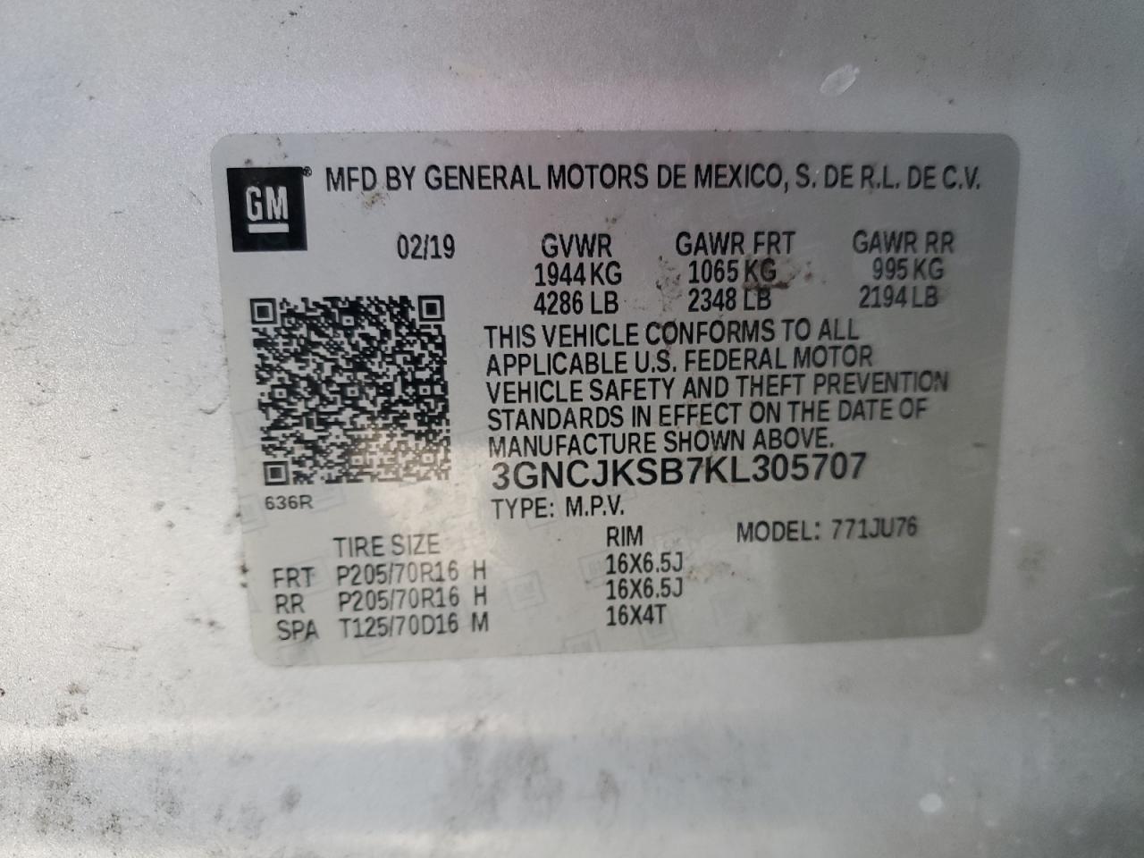 VIN 3GNCJKSB7KL305707 2019 CHEVROLET TRAX no.14