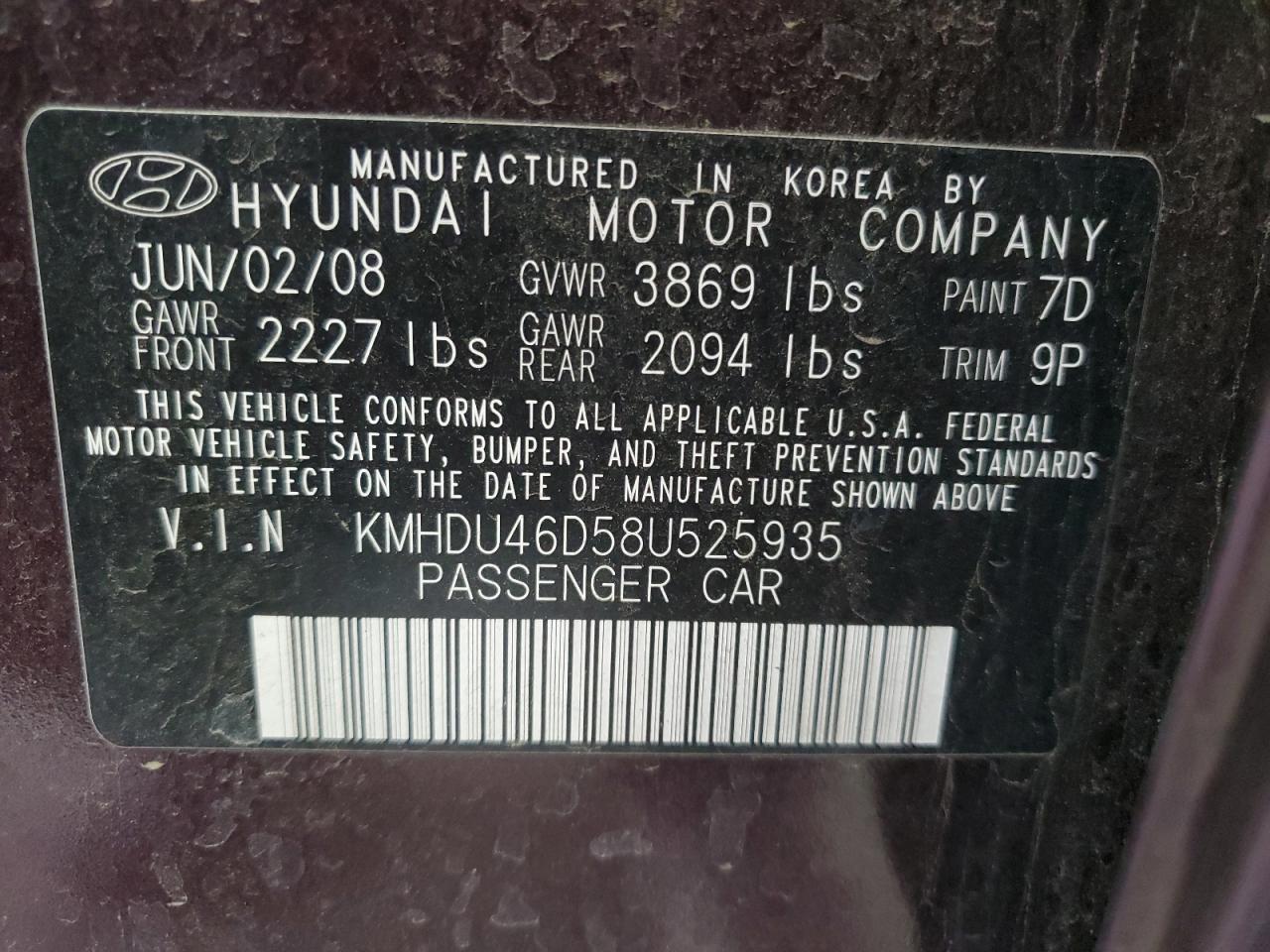 2008 Hyundai Elantra Gls VIN: KMHDU46D58U525935 Lot: 77376234