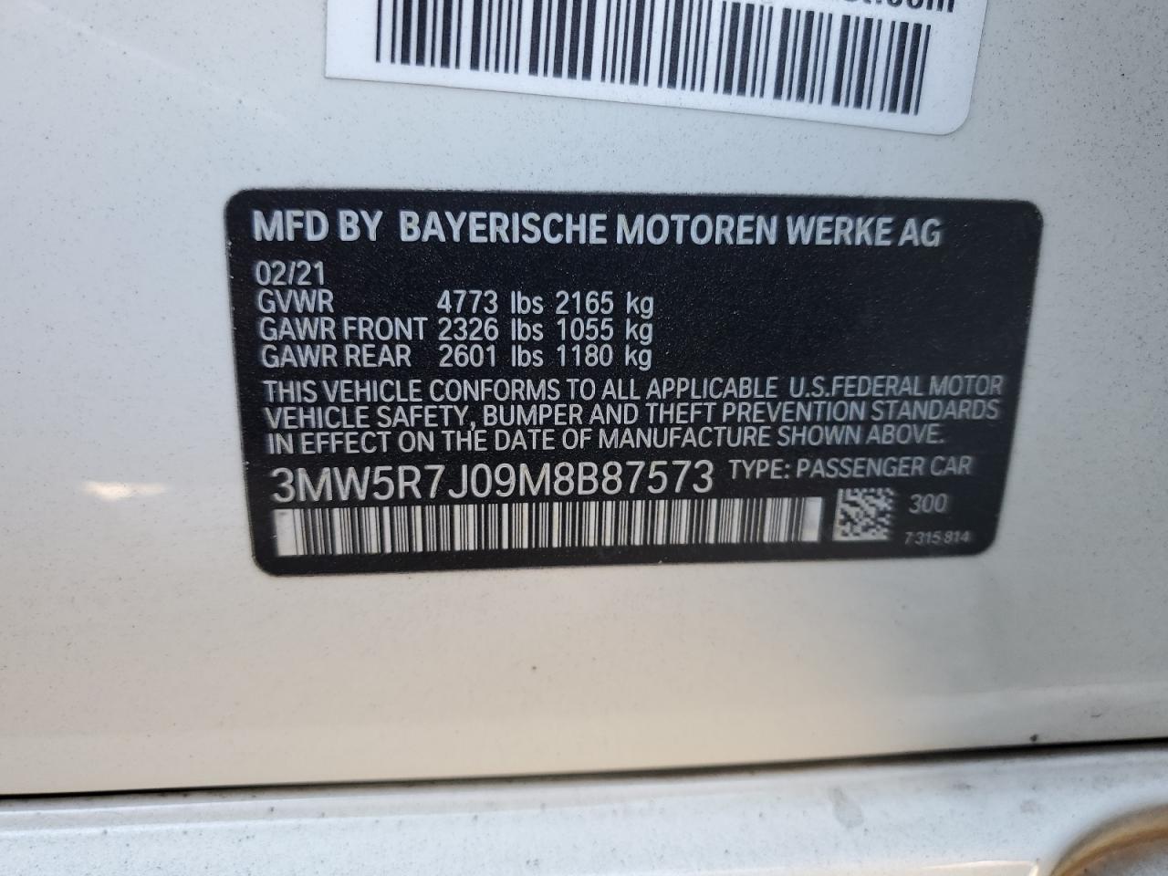 2021 BMW 330Xi VIN: 3MW5R7J09M8B87573 Lot: 76738584