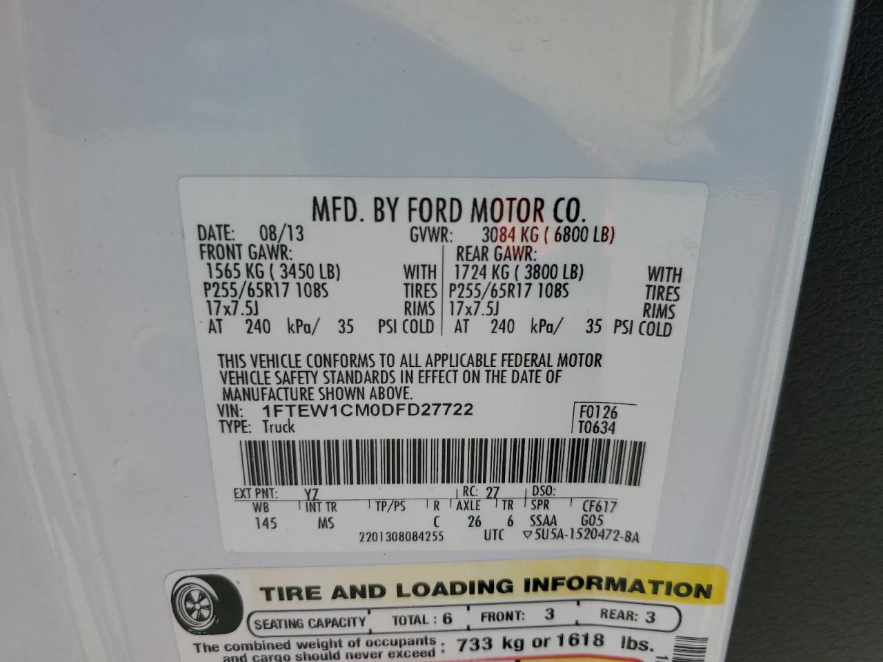 2013 Ford F150 Supercrew VIN: 1FTEW1CM0DFD27722 Lot: 76713824