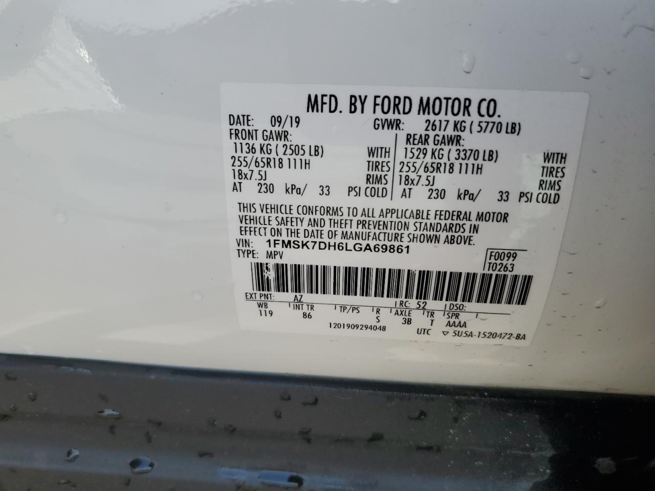 2020 Ford Explorer Xlt VIN: 1FMSK7DH6LGA69861 Lot: 76488694