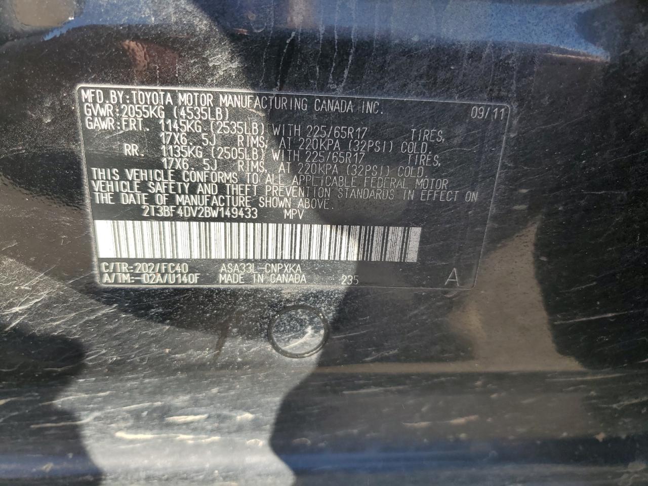 2011 Toyota Rav4 VIN: 2T3BF4DV2BW149433 Lot: 75391284