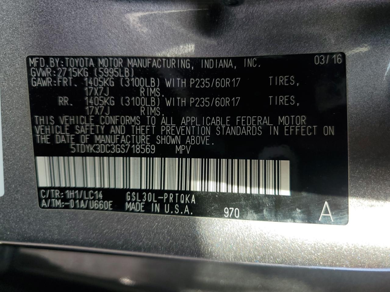 5TDYK3DC3GS718569 2016 Toyota Sienna Xle