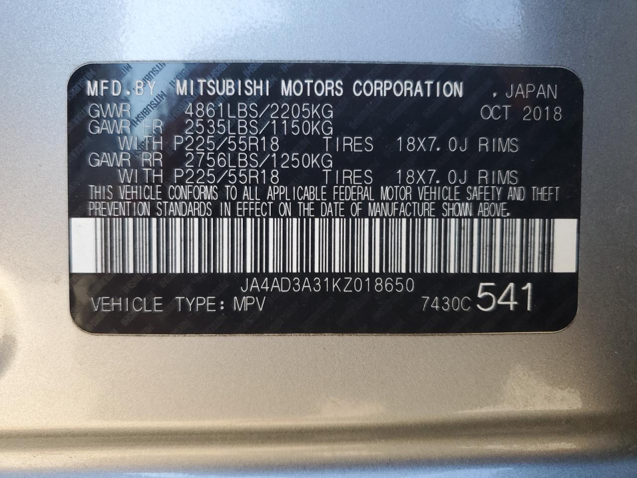 JA4AD3A31KZ018650 2019 Mitsubishi Outlander Se