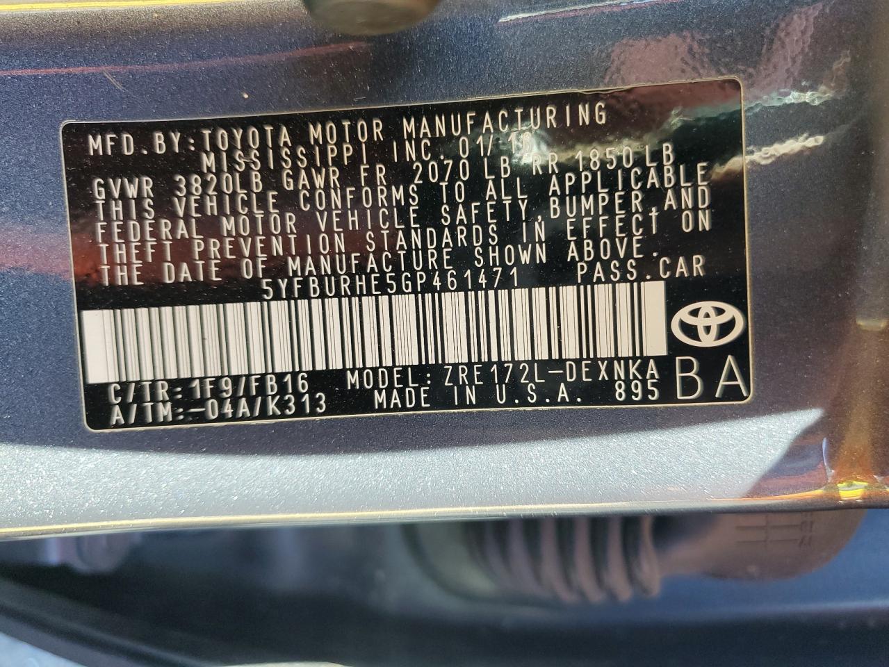 5YFBURHE5GP461471 2016 Toyota Corolla L