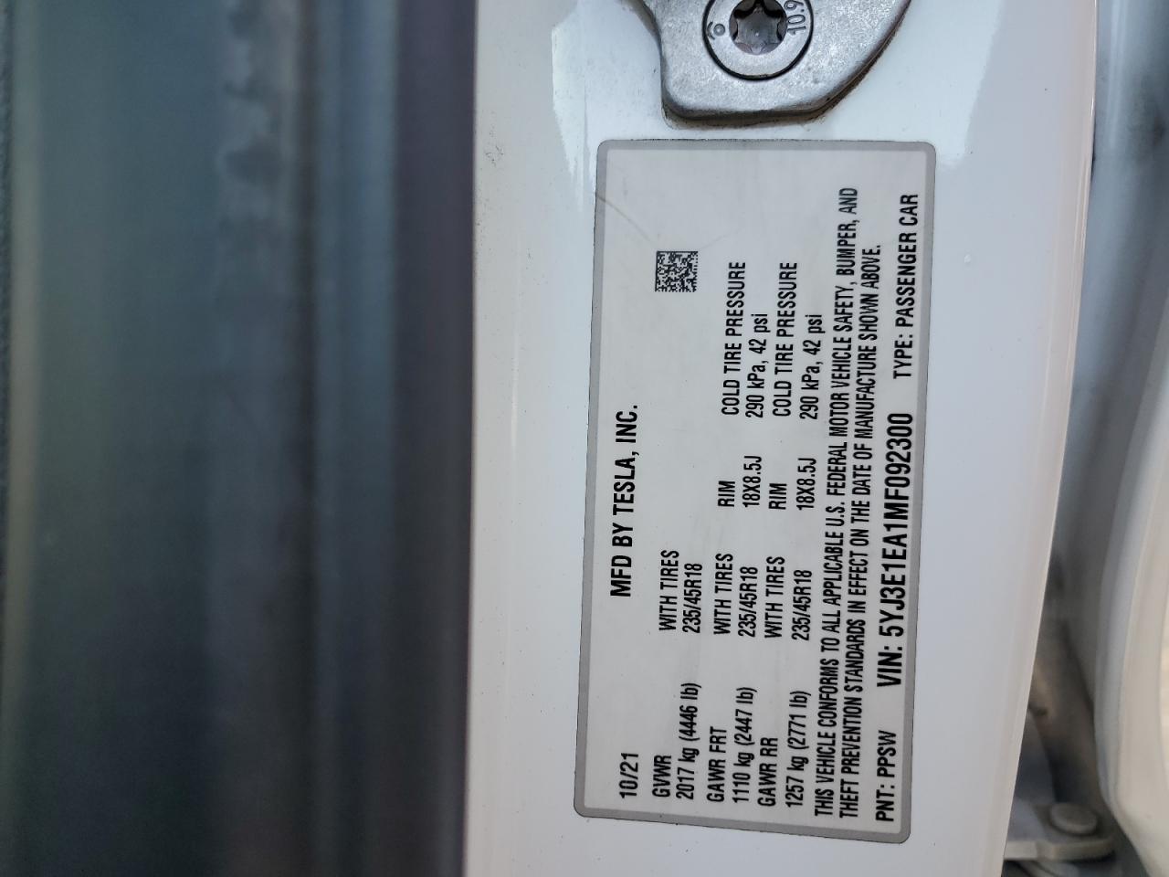 5YJ3E1EA1MF092300 2021 Tesla Model 3