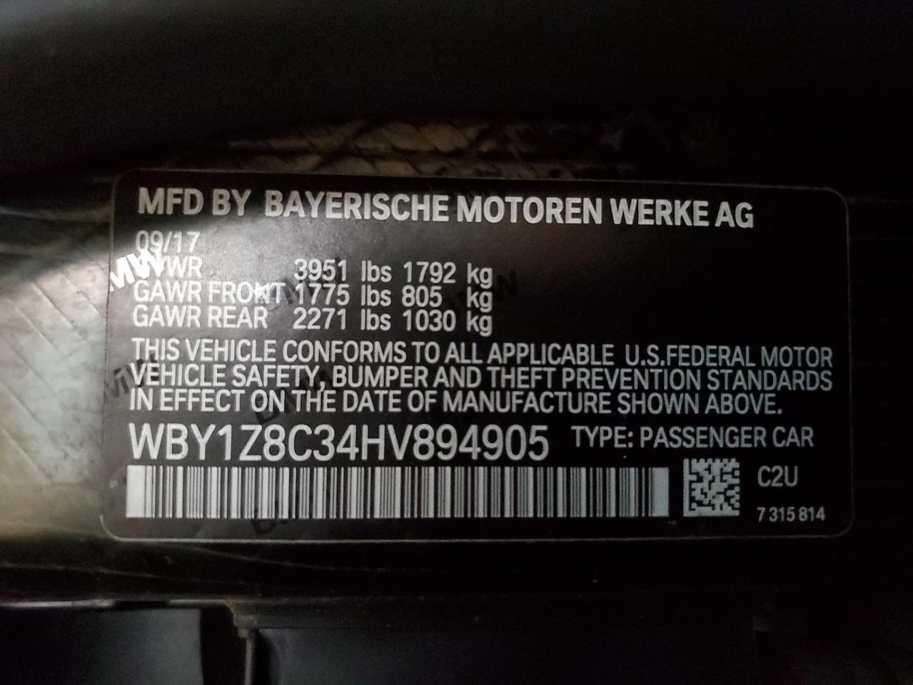 2017 BMW I3 Rex VIN: WBY1Z8C34HV894905 Lot: 74904884