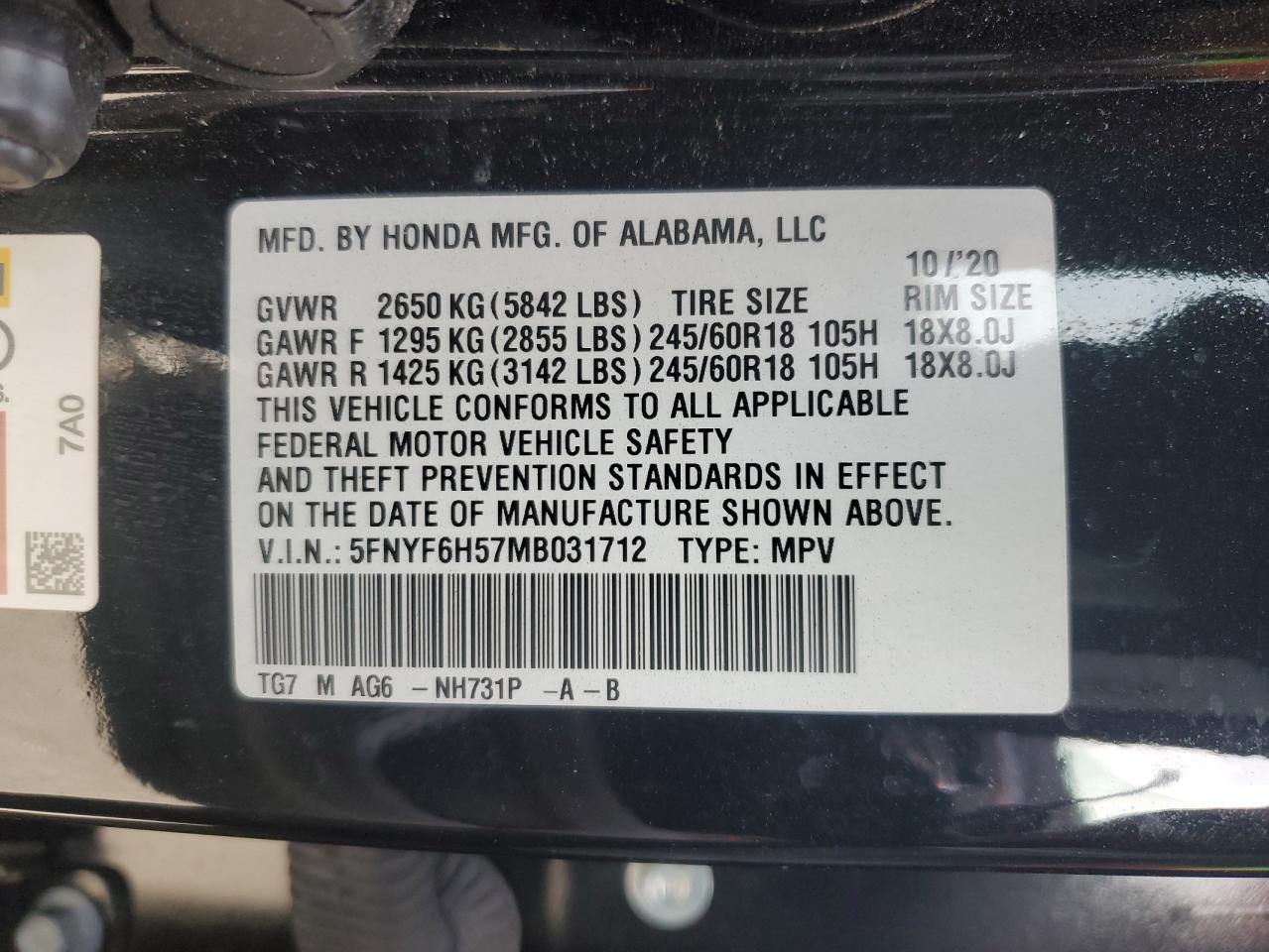 5FNYF6H57MB031712 2021 Honda Pilot Exl