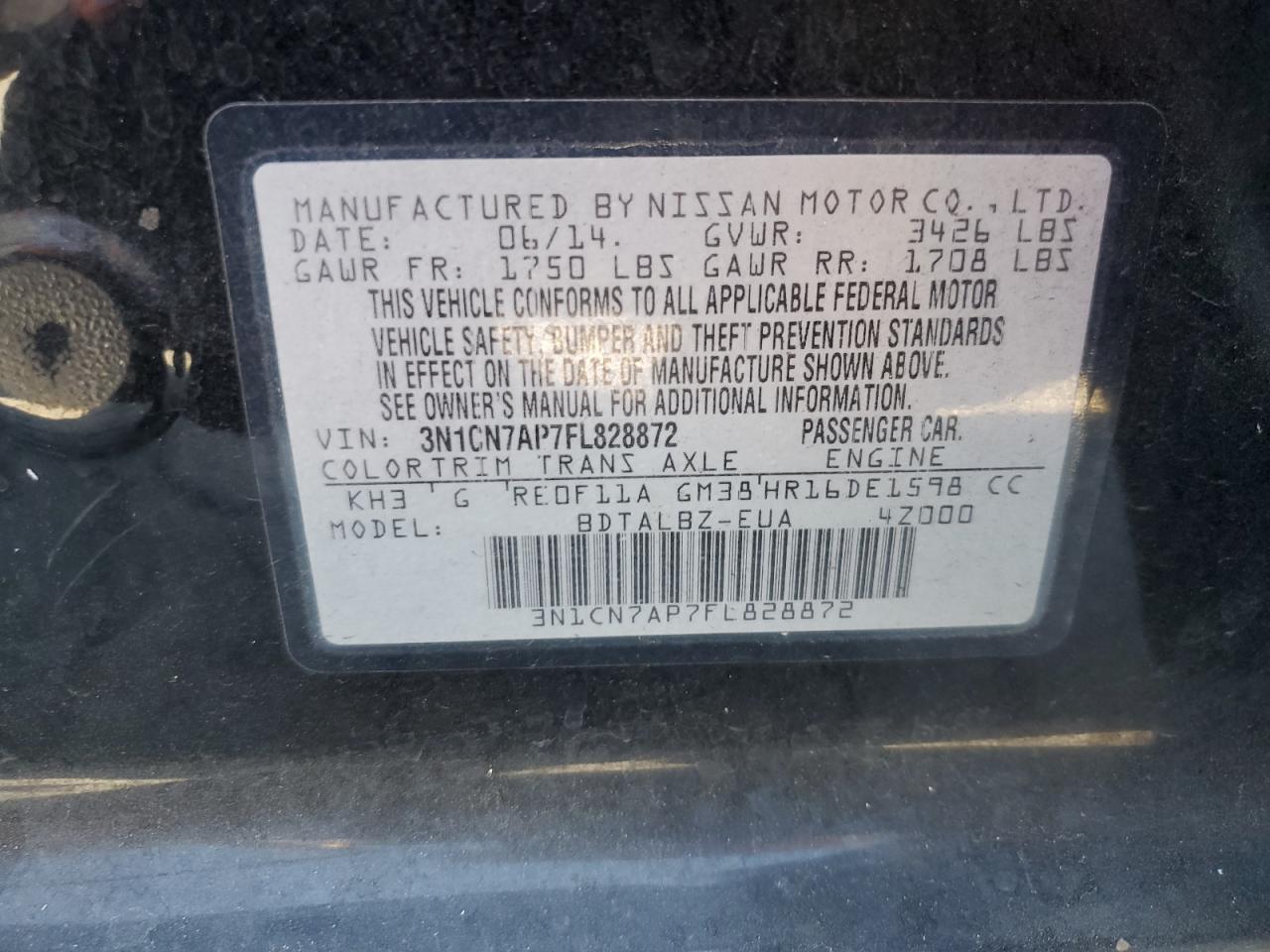 3N1CN7AP7FL828872 2015 Nissan Versa S