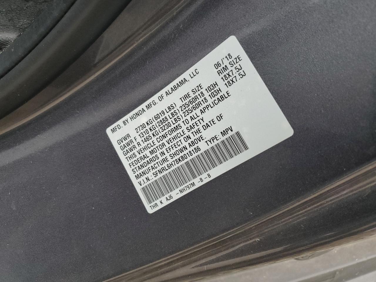 5FNRL6H78KB018186 HONDA All Models 2019