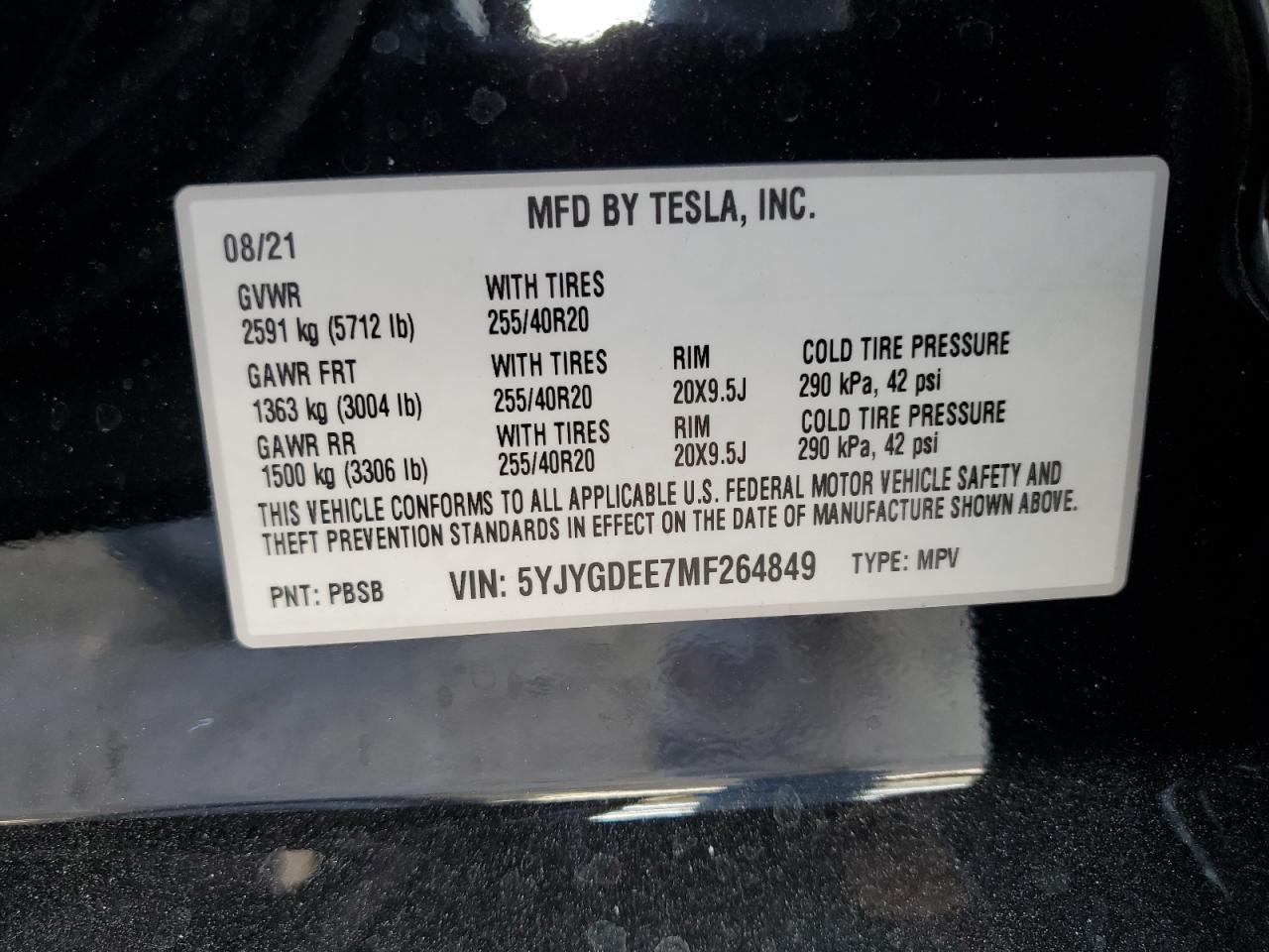 2021 Tesla Model Y VIN: 5YJYGDEE7MF264849 Lot: 77902984