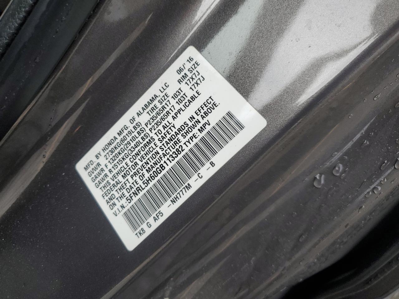 5FNRL5H60GB113382 2016 Honda Odyssey Exl