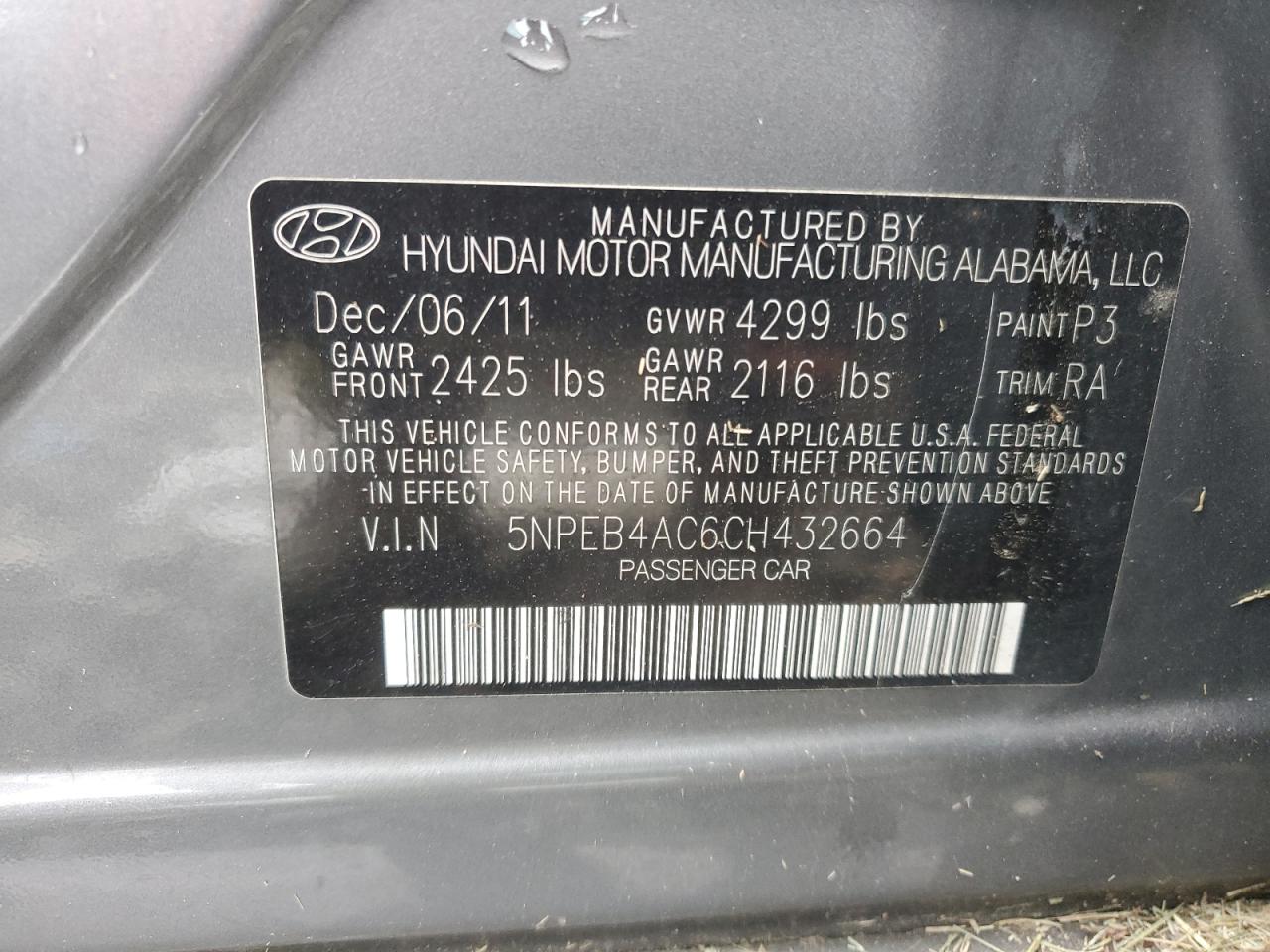 5NPEB4AC6CH432664 2012 Hyundai Sonata Gls