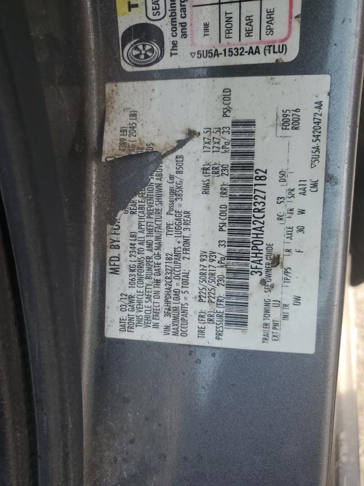 2012 Ford Fusion Se VIN: 3FAHP0HA2CR327182 Lot: 75814894